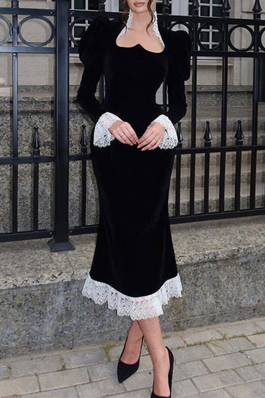 Elegante vestido de falda cruzada con escote cuadrado y retazos de encaje de terciopelo