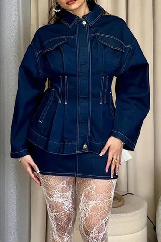 Chaqueta vaquera holgada informal de manga larga con cuello vuelto y retazos