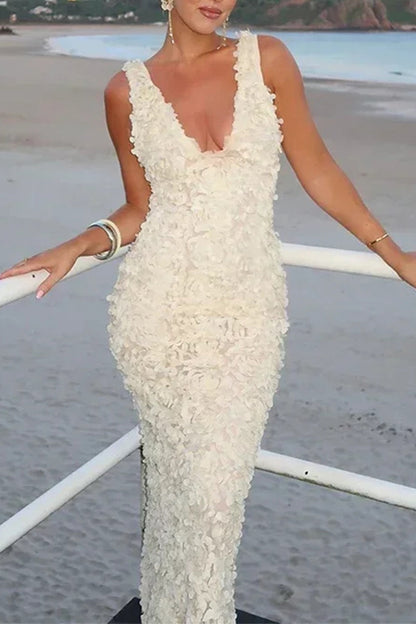 Vestidos sexis de falda de un solo paso con escote en V y forma de flor de color sólido