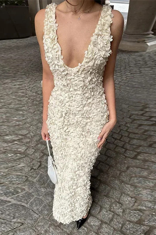 Vestidos sexis de falda de un solo paso con escote en V y forma de flor de color sólido