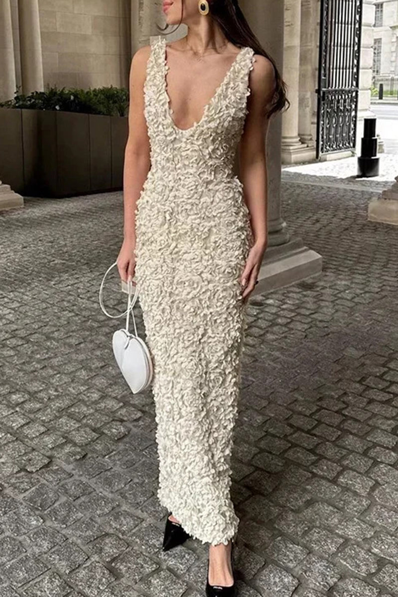Vestidos sexis de falda de un solo paso con escote en V y forma de flor de color sólido