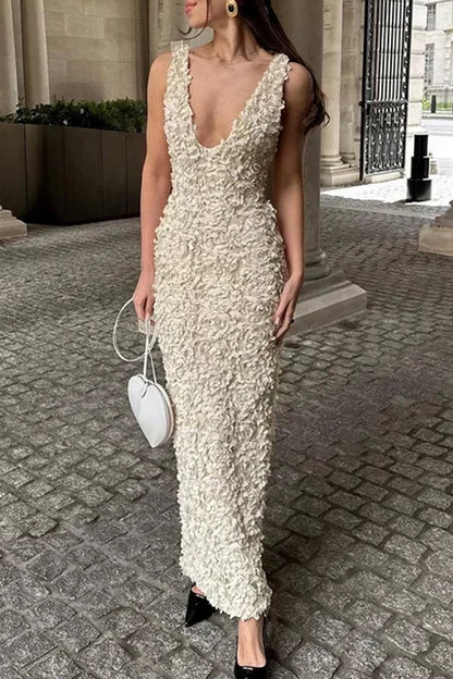 Vestidos sexis de falda de un solo paso con escote en V y forma de flor de color sólido