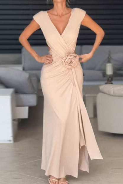 Vestidos de noche sexys con escote en V y abertura en forma de flor fruncida