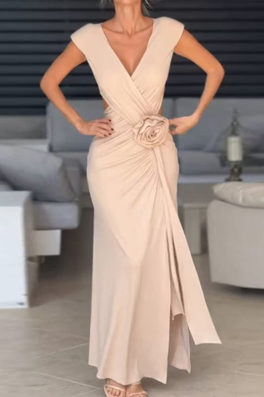 Vestidos de noche sexys con escote en V y abertura en forma de flor fruncida