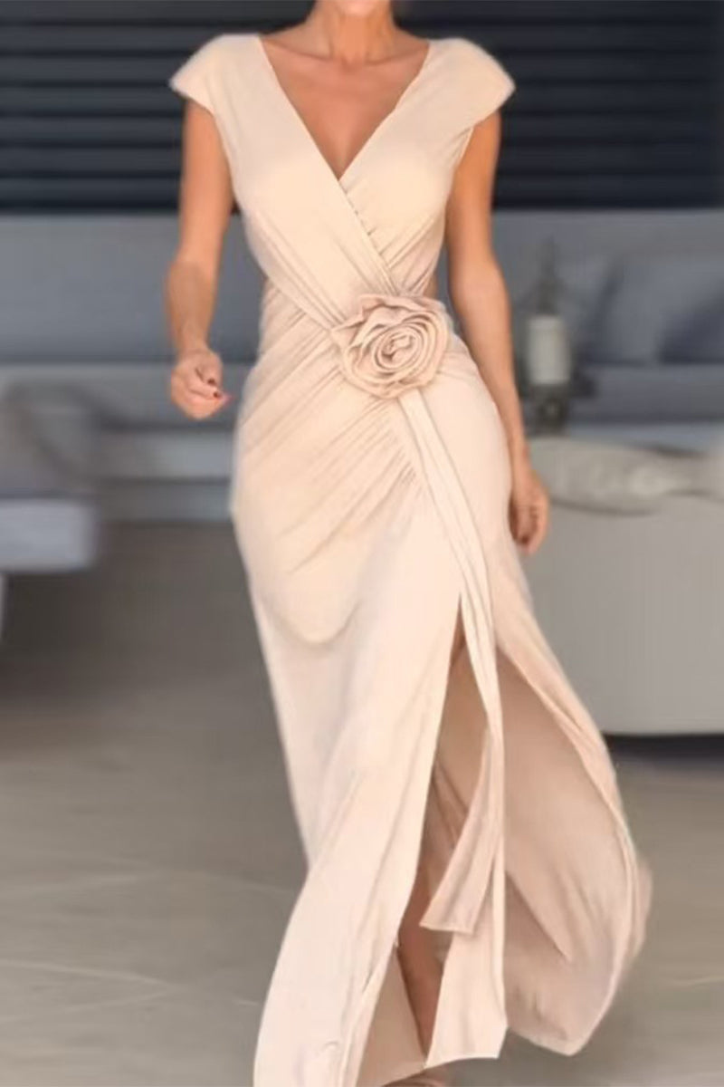 Vestidos de noche sexys con escote en V y abertura en forma de flor fruncida