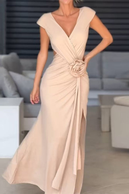 Vestidos de noche sexys con escote en V y abertura en forma de flor fruncida