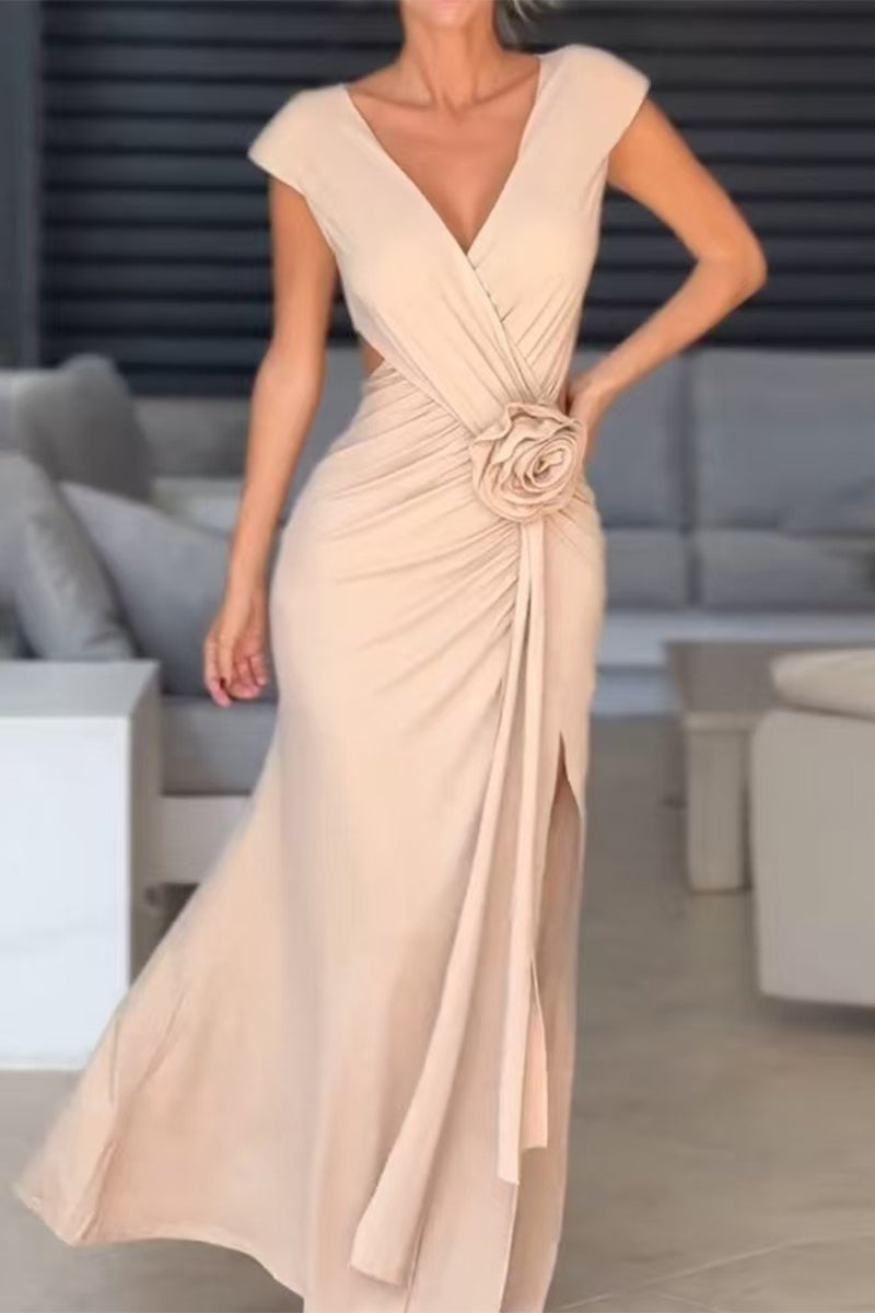 Vestidos de noche sexys con escote en V y abertura en forma de flor fruncida