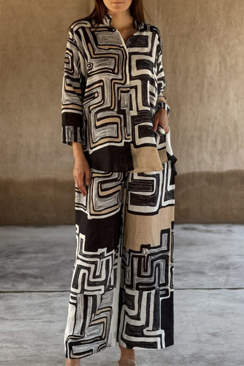 Conjunto informal de dos piezas con estampado geométrico, bolsillo desgastado, cuello mandarín y manga larga