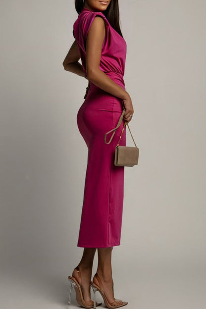 Elegante vestido de falda cruzada con escote redondo fruncido y abertura (3 colores)