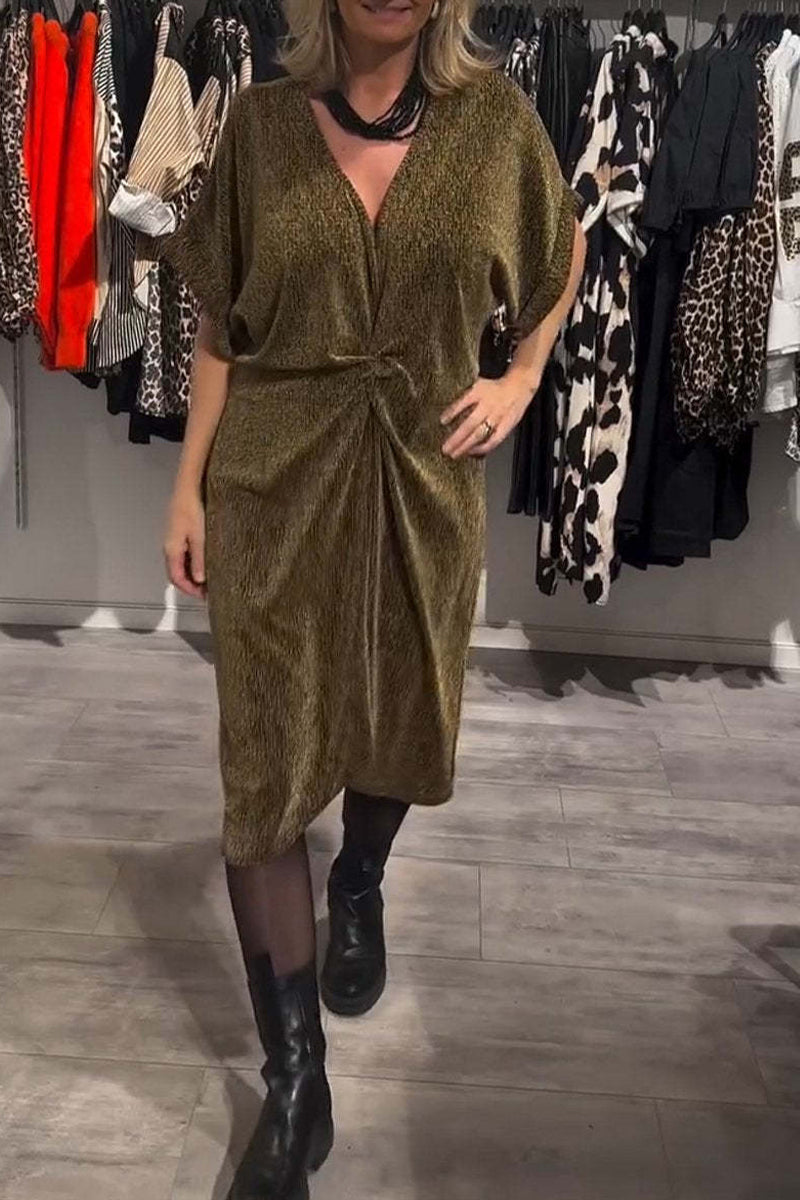 Vestido informal de manga corta con escote en V y lentejuelas fruncidas (4 colores)