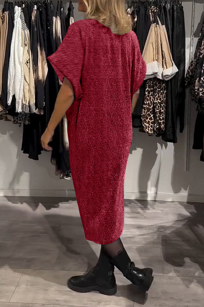 Vestido informal de manga corta con escote en V y lentejuelas fruncidas (4 colores)