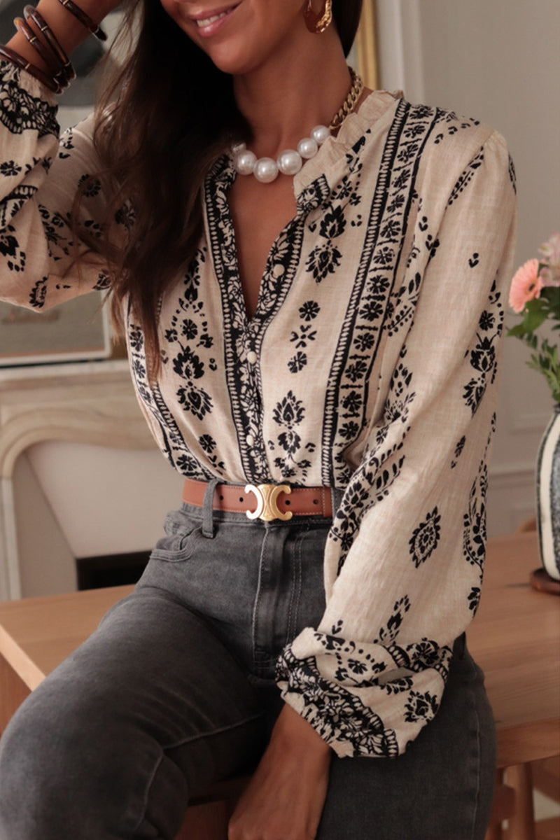 Blusas con botones y cuello de hoja de loto con estampado geométrico de celebridades