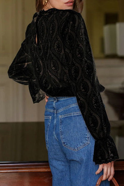 Blusas sexys de encaje con volantes y cuello de hoja de loto