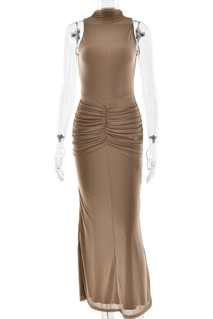 Vestidos sexys de malla fruncida con cuello alto y falda cruzada