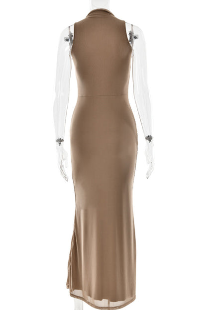 Vestidos sexys de malla fruncida con cuello alto y falda cruzada