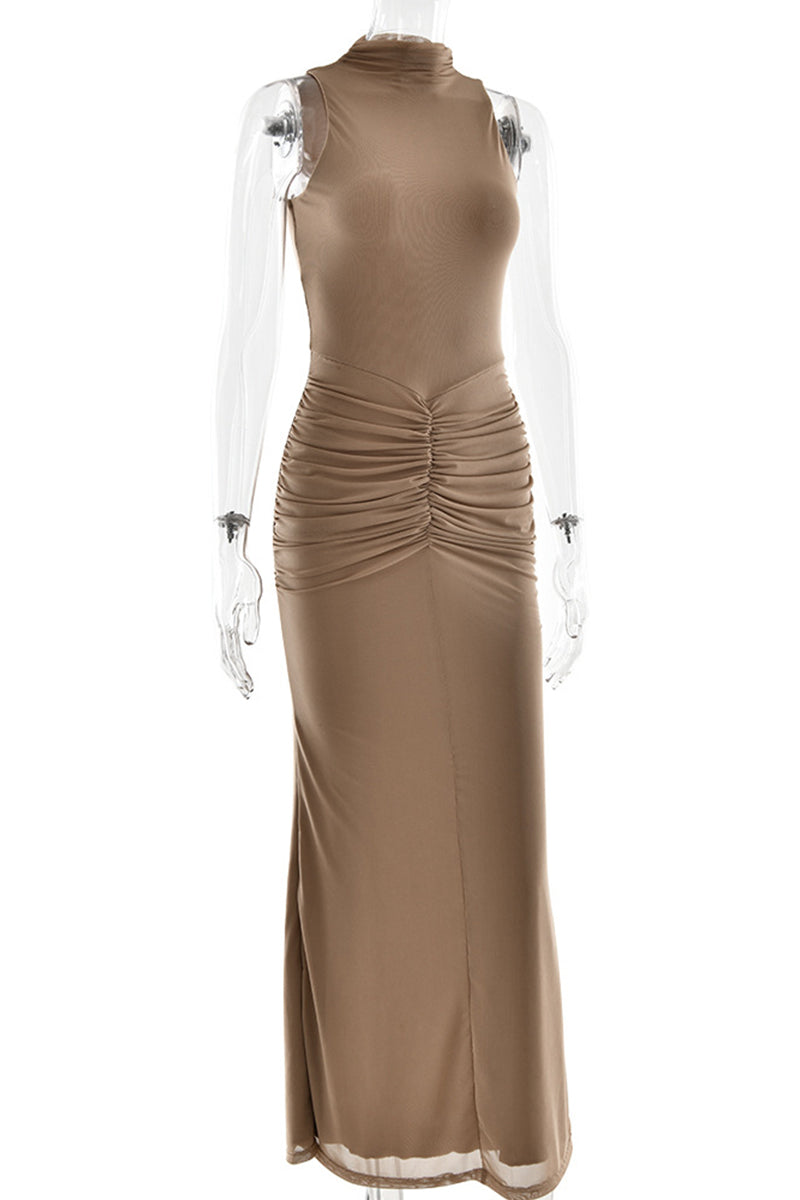 Vestidos sexys de malla fruncida con cuello alto y falda cruzada