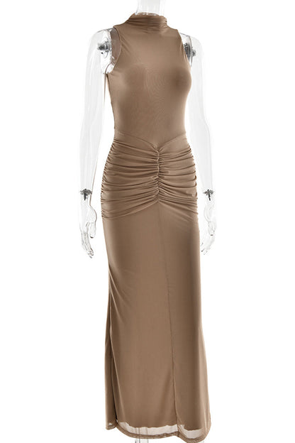 Vestidos sexys de malla fruncida con cuello alto y falda cruzada