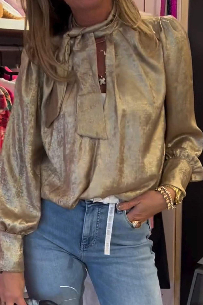Blusas casuales con cuello anudado y cordones con estampado bronceado