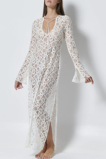Vestido sexy de color sólido con encaje, abertura transparente, escote en V y manga larga