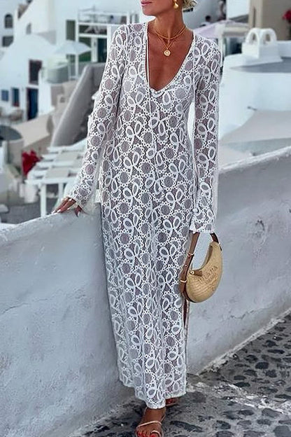 Vestidos sexis de manga larga con escote en V, aberturas y encaje transparente