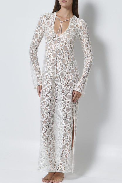 Vestidos sexis de manga larga con escote en V, aberturas y encaje transparente