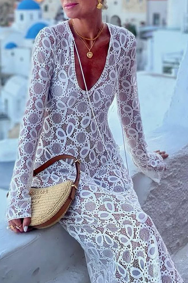 Vestidos sexis de manga larga con escote en V, aberturas y encaje transparente