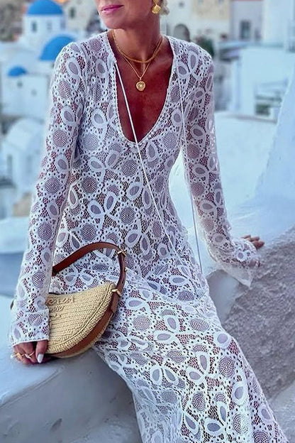 Vestido sexy de color sólido con encaje, abertura transparente, escote en V y manga larga