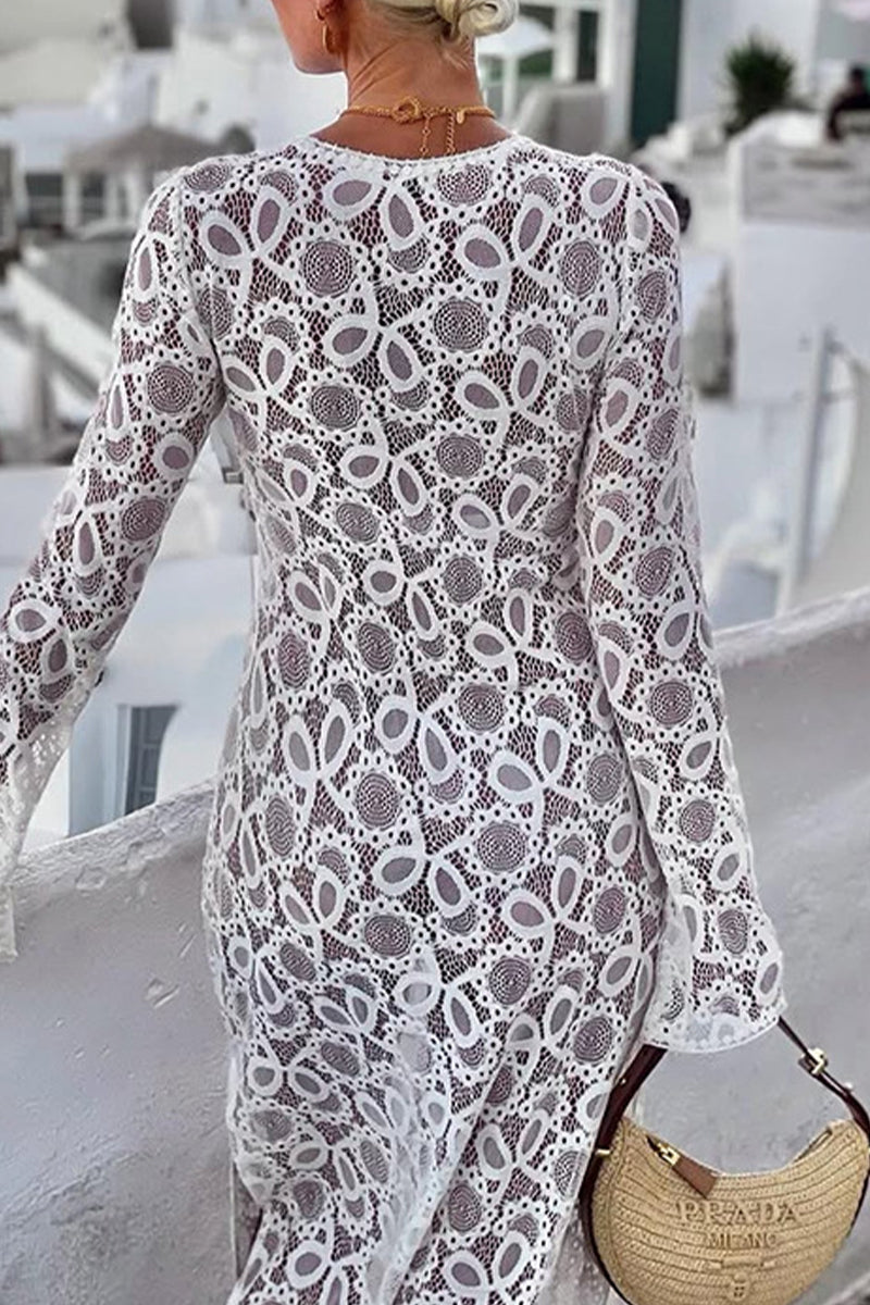 Vestidos sexis de manga larga con escote en V, aberturas y encaje transparente