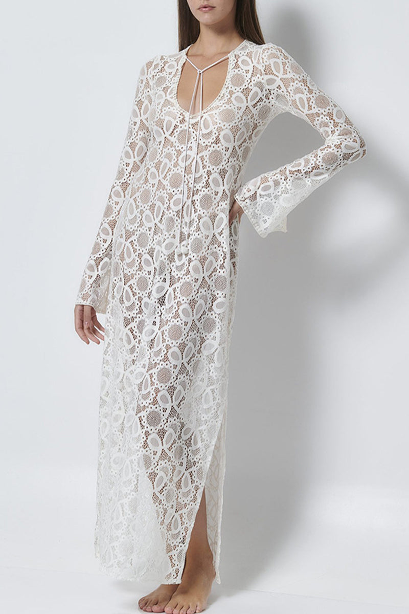Vestido sexy de color sólido con encaje, abertura transparente, escote en V y manga larga