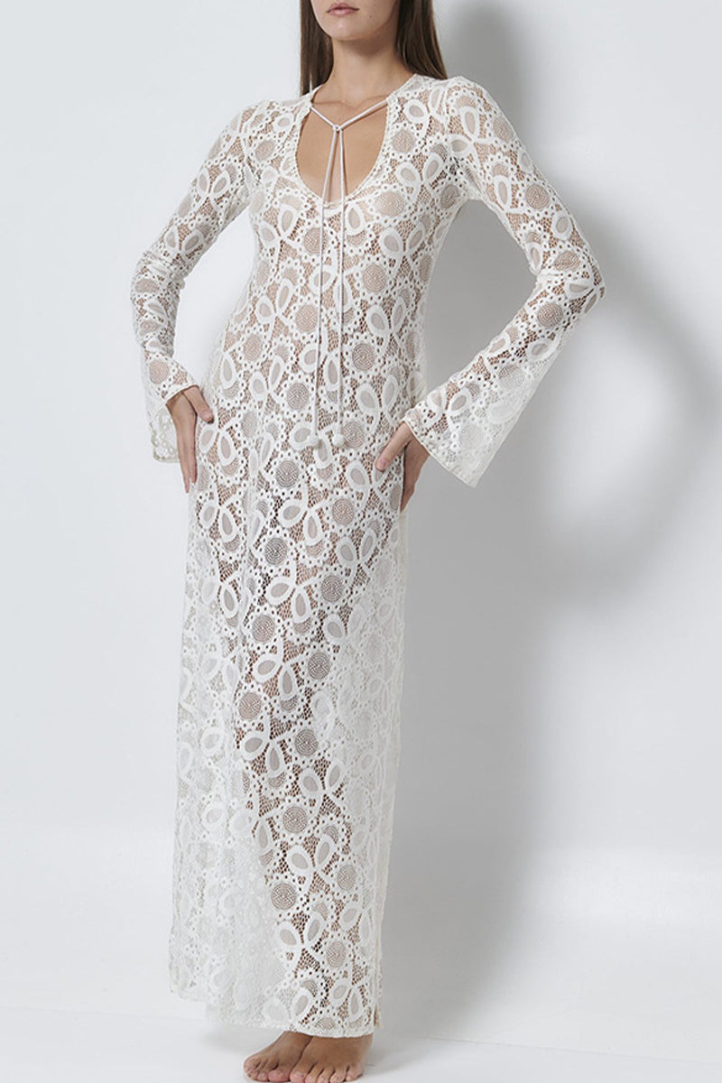 Vestidos sexis de manga larga con escote en V, aberturas y encaje transparente