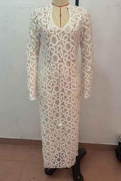 Vestidos sexis de manga larga con escote en V, aberturas y encaje transparente
