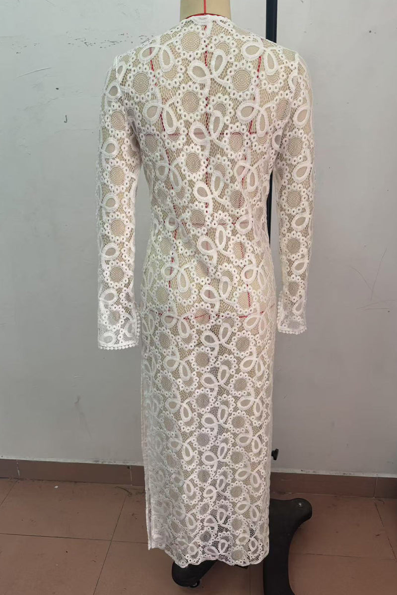 Vestidos sexis de manga larga con escote en V, aberturas y encaje transparente