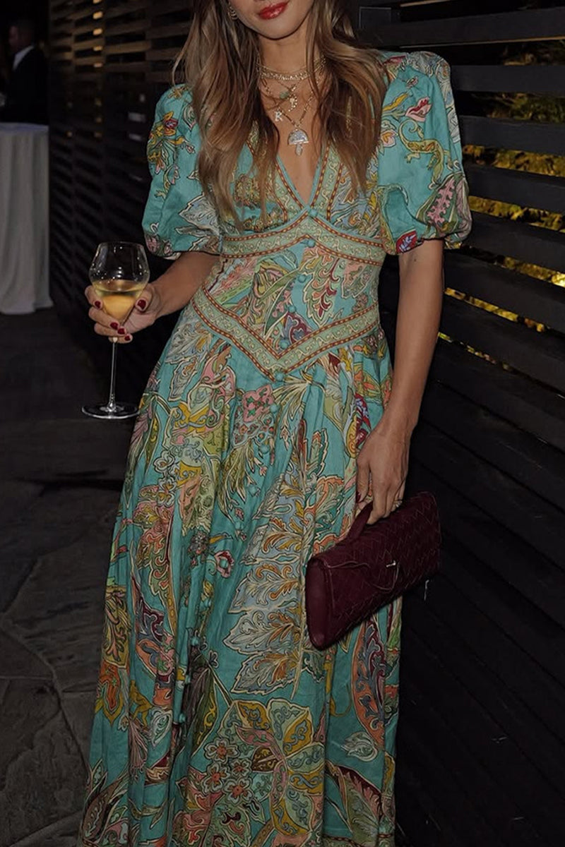 Vestidos casuales de corte A con cuello en V, bolsillos y estampado floral