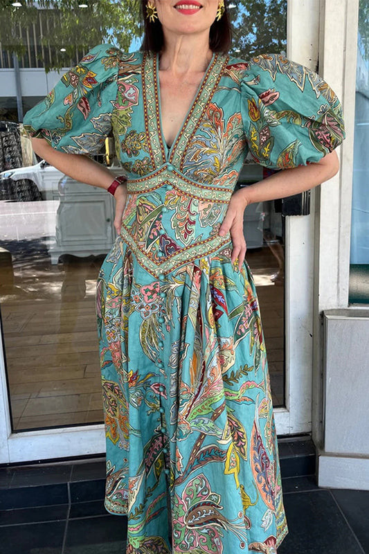 Vestidos casuales de corte A con cuello en V, bolsillos y estampado floral
