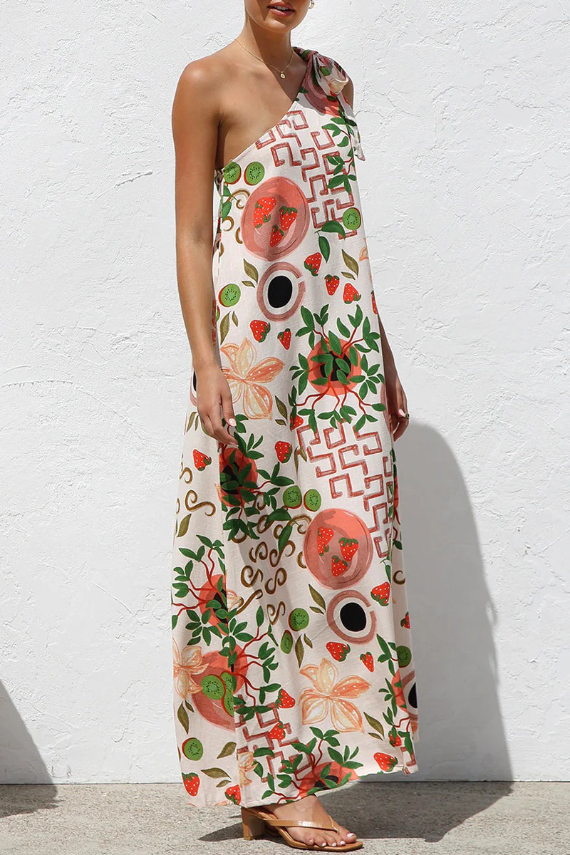 Vestidos casuales con estampado de hojas y frutas, con cordones y hombros caídos irregulares
