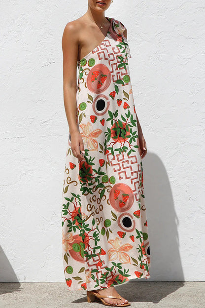 Vestidos casuales con estampado de hojas y frutas, con cordones y hombros caídos irregulares