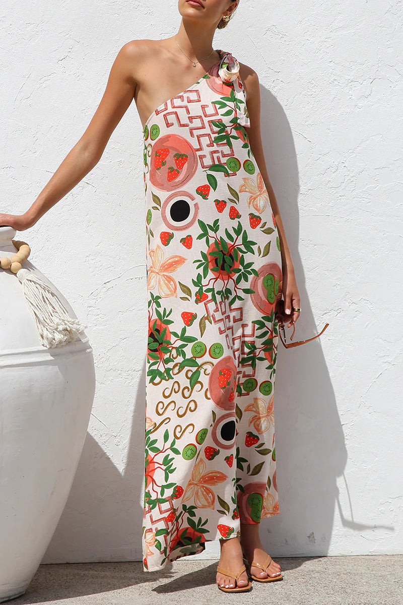 Vestidos casuales con estampado de hojas y frutas, con cordones y hombros caídos irregulares