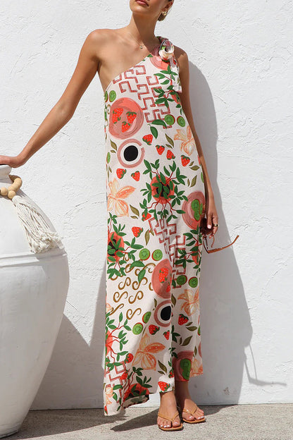 Vestidos casuales con estampado de hojas y frutas, con cordones y hombros caídos irregulares