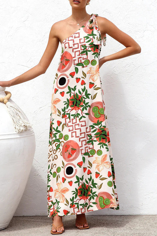 Vestidos casuales con estampado de hojas y frutas, con cordones y hombros caídos irregulares