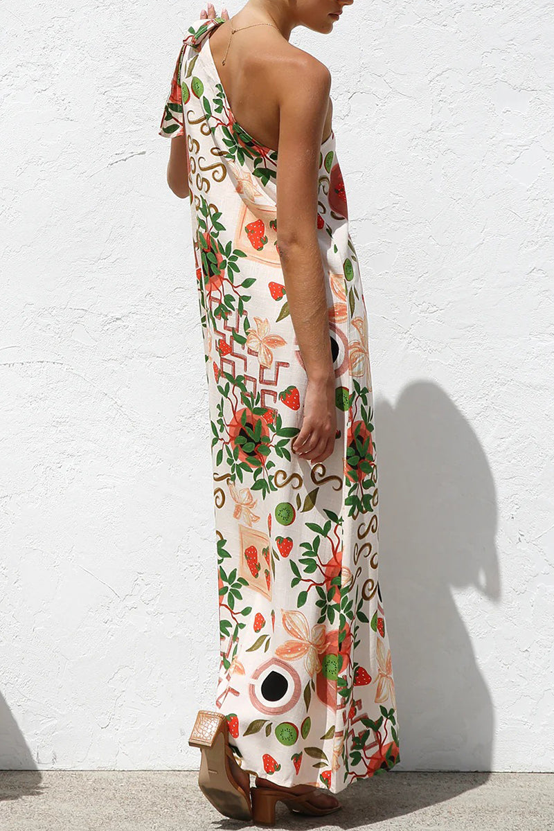 Vestidos casuales con estampado de hojas y frutas, con cordones y hombros caídos irregulares