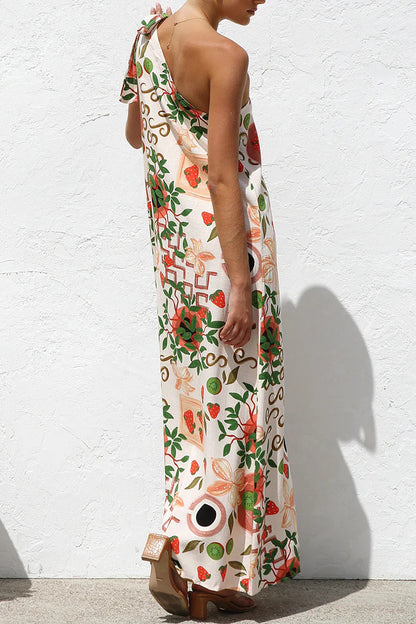 Vestidos casuales con estampado de hojas y frutas, con cordones y hombros caídos irregulares