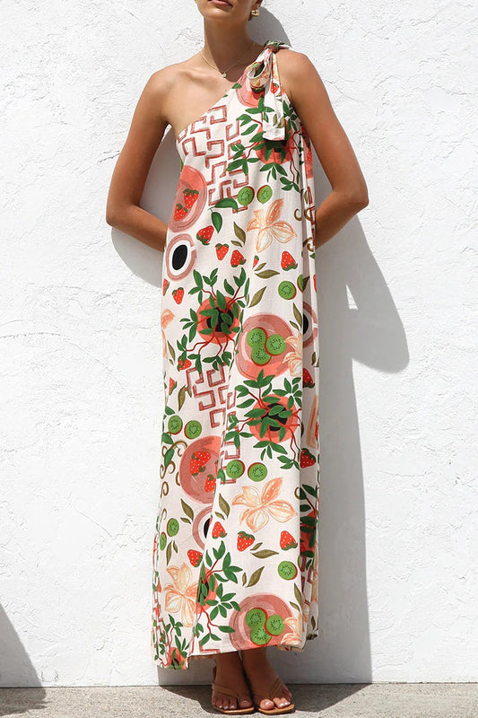 Vestidos casuales con estampado de hojas y frutas, con cordones y hombros caídos irregulares