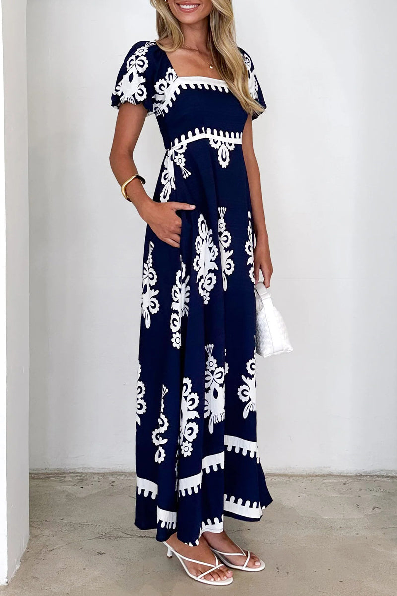 Vestido informal de manga corta con escote cuadrado, estampado geométrico, bolsillos y contraste