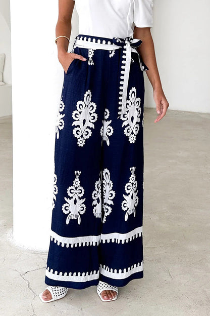 Pantalones casuales de cintura alta, rectos, holgados, con bolsillos, estampados a rayas y cordones