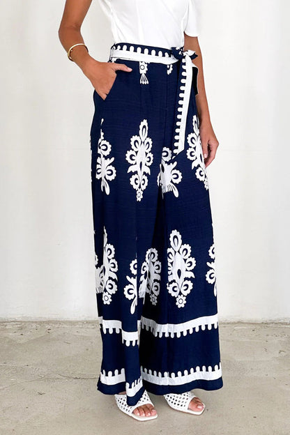 Pantalones casuales de cintura alta, rectos, holgados, con bolsillos, estampados a rayas y cordones
