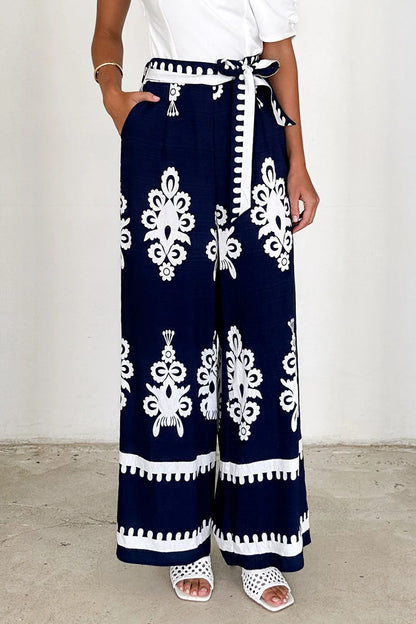 Pantalones casuales de cintura alta, rectos, holgados, con bolsillos, estampados a rayas y cordones
