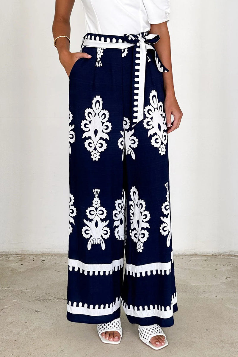 Pantalones casuales de cintura alta, rectos, holgados, con bolsillos, estampados a rayas y cordones
