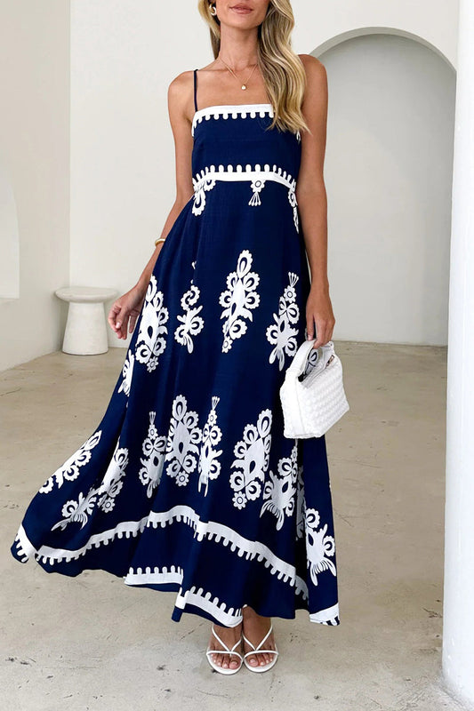 Vestidos de tirantes con escote cuadrado, bolsillos y estampado geométrico para vacaciones