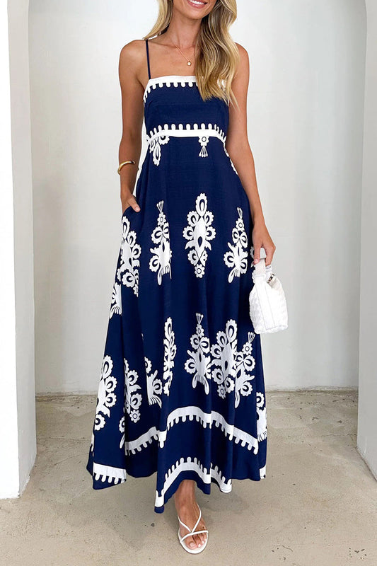Vestidos de tirantes con escote cuadrado, bolsillos y estampado geométrico para vacaciones