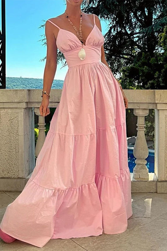 Vestidos sexis de color sólido con escote en V, sin espalda y volantes